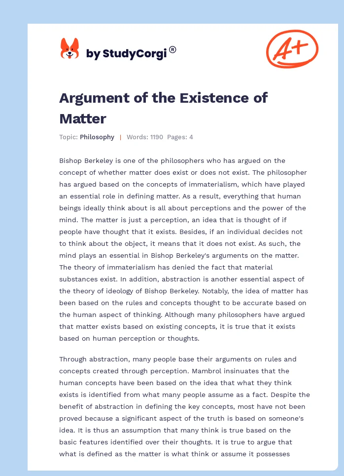 Argument of the Existence of Matter. Page 1