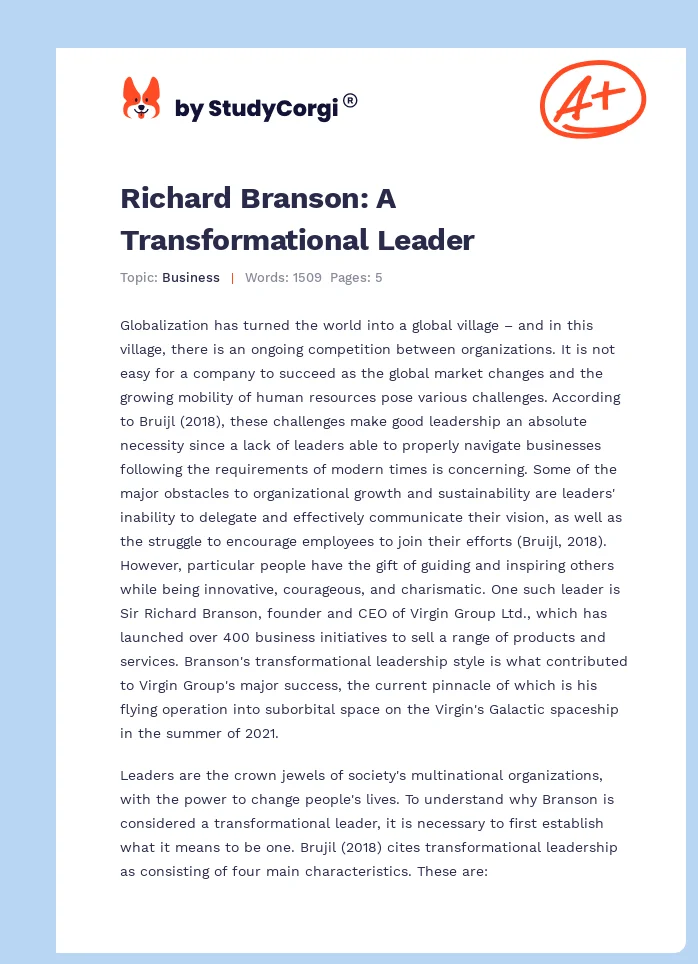Richard Branson: A Transformational Leader. Page 1