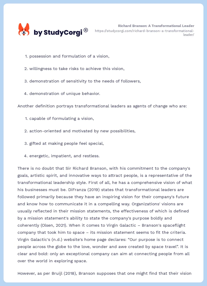 Richard Branson: A Transformational Leader. Page 2