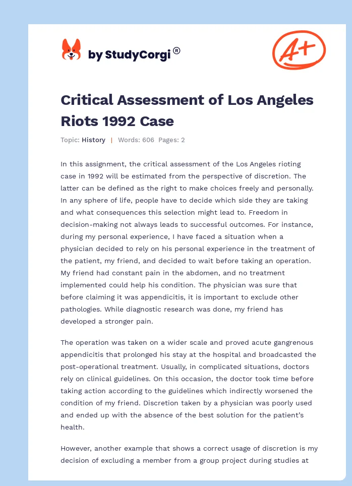 Critical Assessment of Los Angeles Riots 1992 Case. Page 1