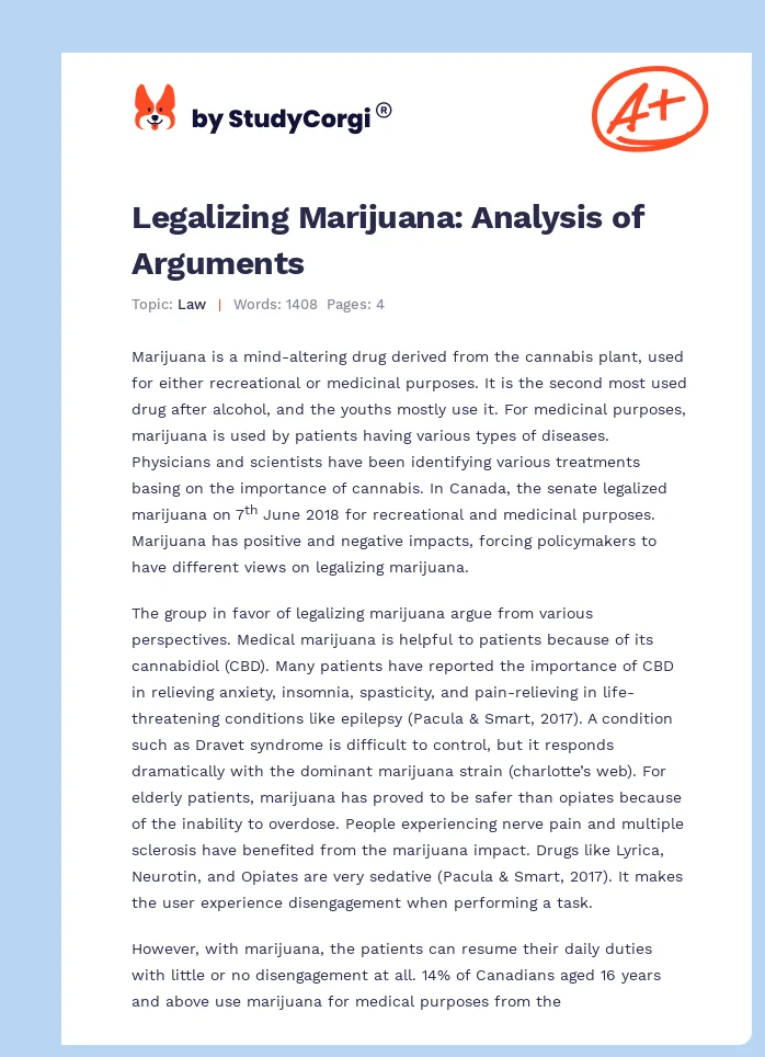 Legalizing Marijuana: Analysis of Arguments. Page 1