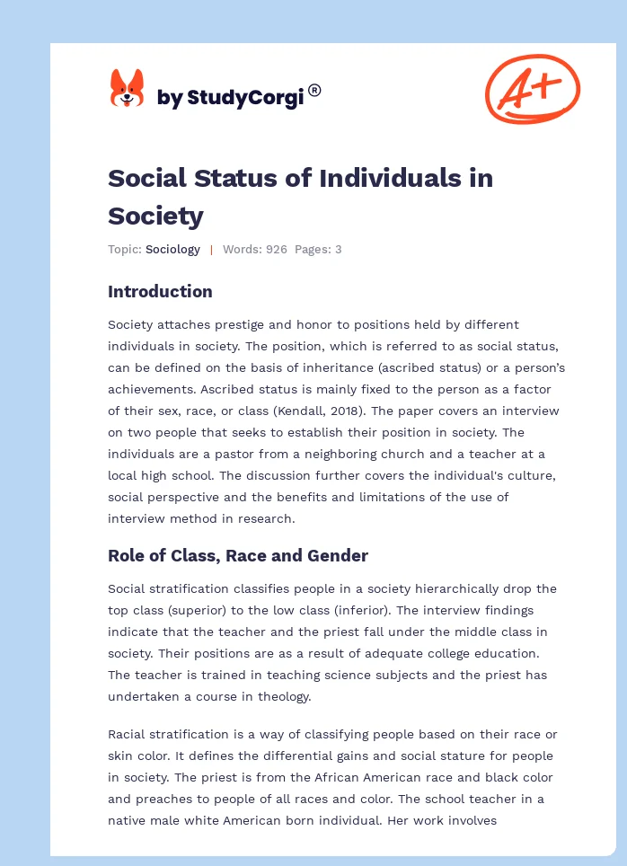 Social Status of Individuals in Society. Page 1