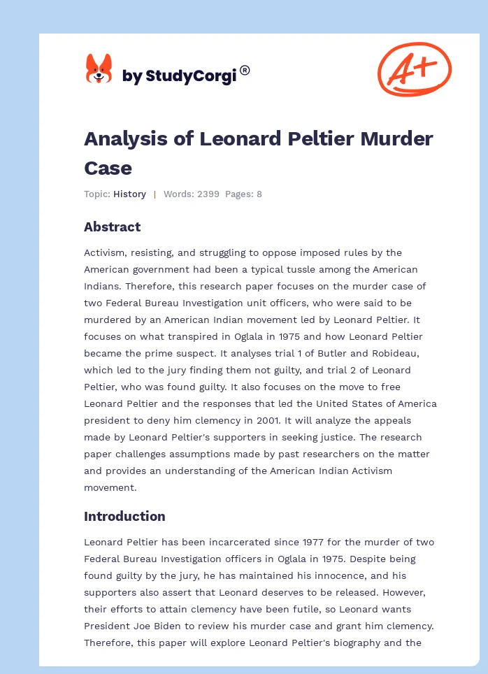 Analysis of Leonard Peltier Murder Case. Page 1
