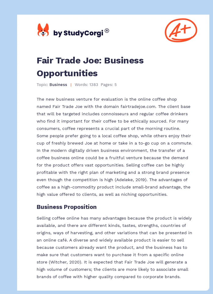 Fair Trade Joe: Business Opportunities. Page 1