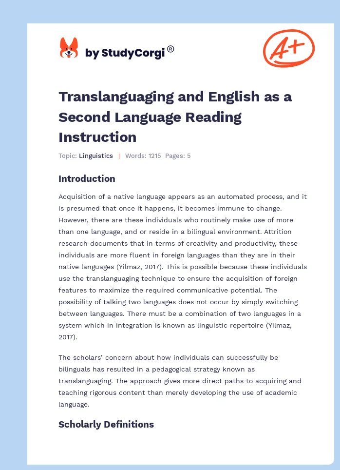 Translanguaging and English as a Second Language Reading Instruction. Page 1