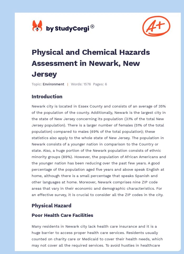 Physical and Chemical Hazards Assessment in Newark, New Jersey. Page 1