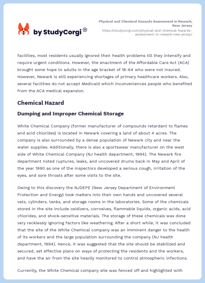 Physical and Chemical Hazards Assessment in Newark, New Jersey. Page 2