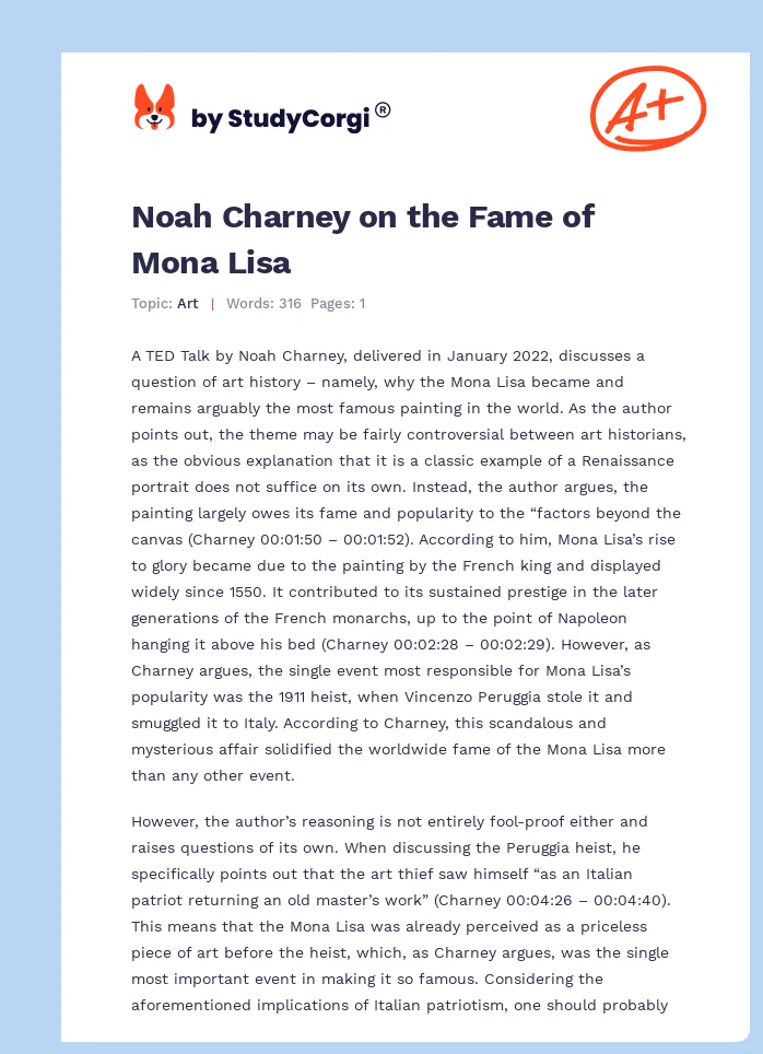 Noah Charney on the Fame of Mona Lisa. Page 1