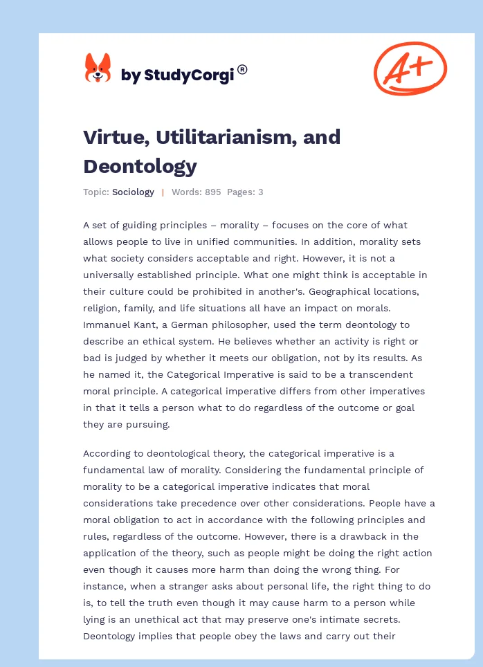 Virtue, Utilitarianism, and Deontology. Page 1