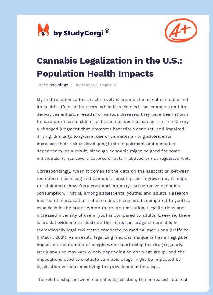 Cannabis Legalization in the U.S.: Population Health Impacts. Page 1