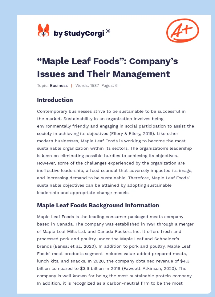 “Maple Leaf Foods”: Company’s Issues and Their Management. Page 1