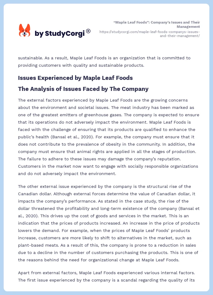 “Maple Leaf Foods”: Company’s Issues and Their Management. Page 2