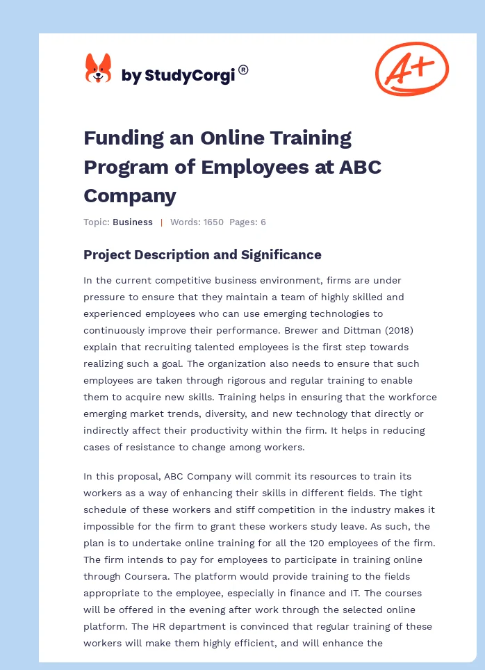 Funding an Online Training Program of Employees at ABC Company. Page 1