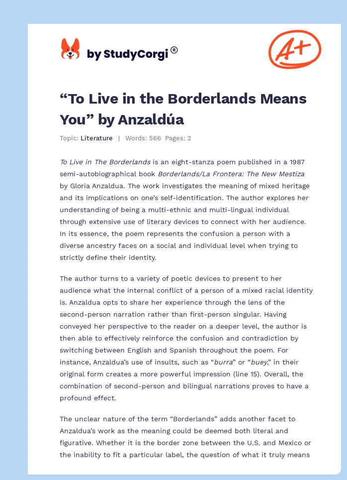 “To Live in the Borderlands Means You” by Anzaldúa. Page 1