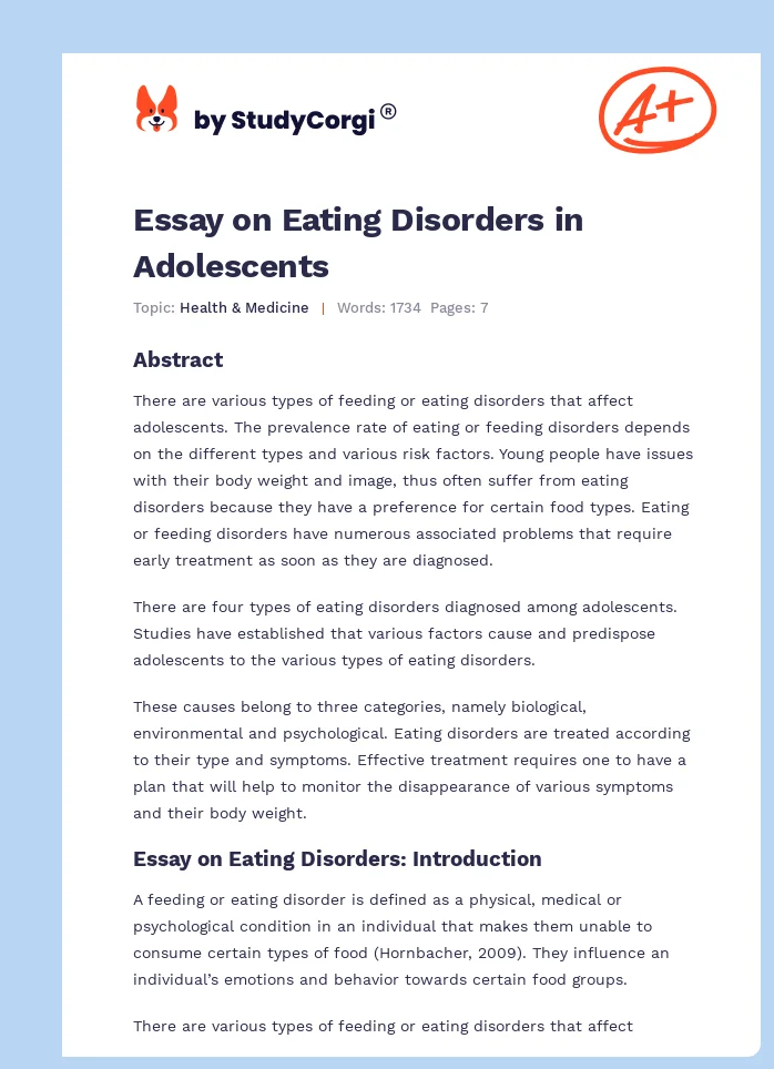 Essay on Eating Disorders in Adolescents. Page 1