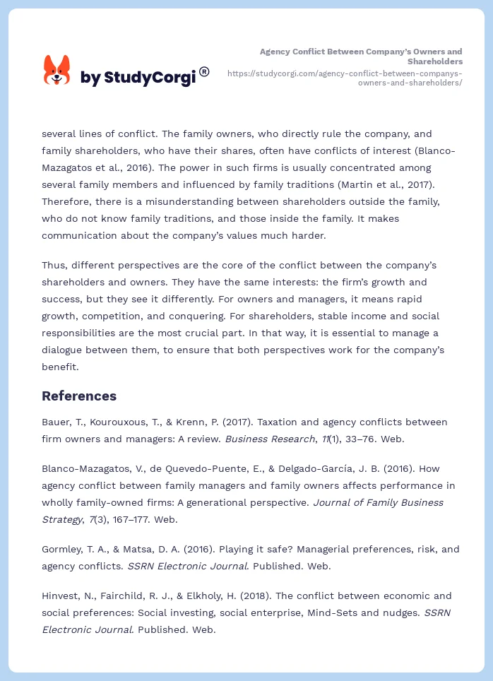 Agency Conflict Between Company’s Owners and Shareholders. Page 2