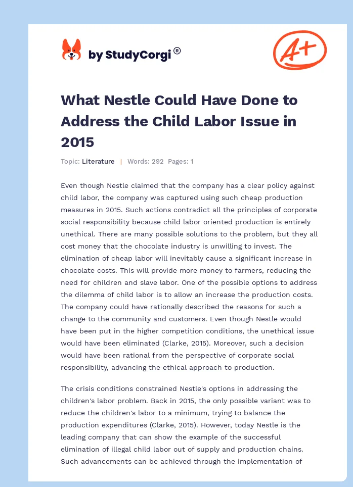 What Nestle Could Have Done to Address the Child Labor Issue in 2015. Page 1