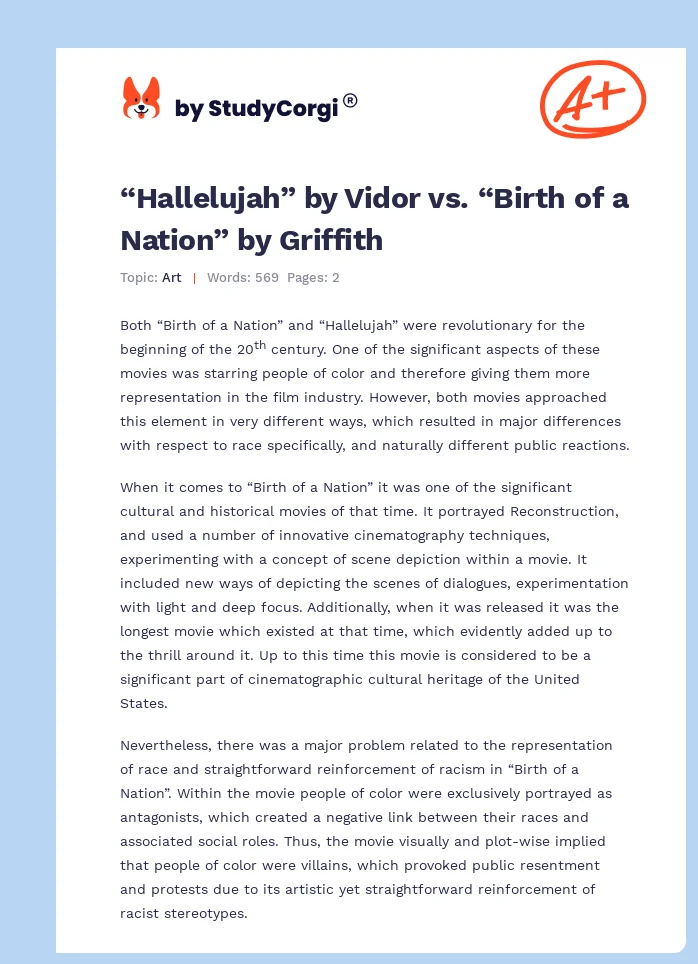 “Hallelujah” by Vidor vs. “Birth of a Nation” by Griffith. Page 1