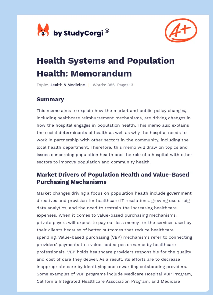 Health Systems and Population Health: Memorandum. Page 1