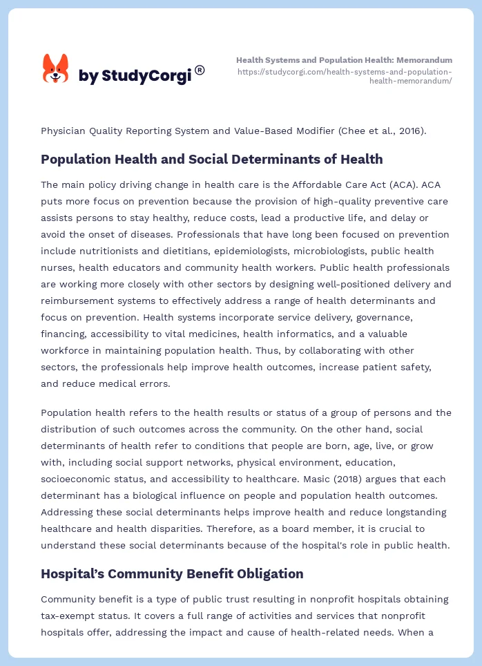 Health Systems and Population Health: Memorandum. Page 2
