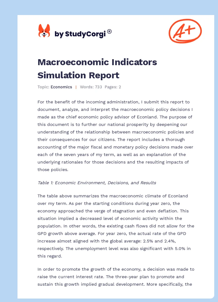 Macroeconomic Indicators Simulation Report. Page 1