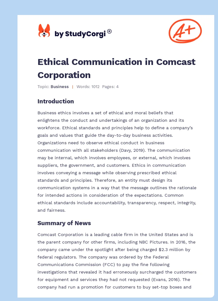 Ethical Communication in Comcast Corporation. Page 1
