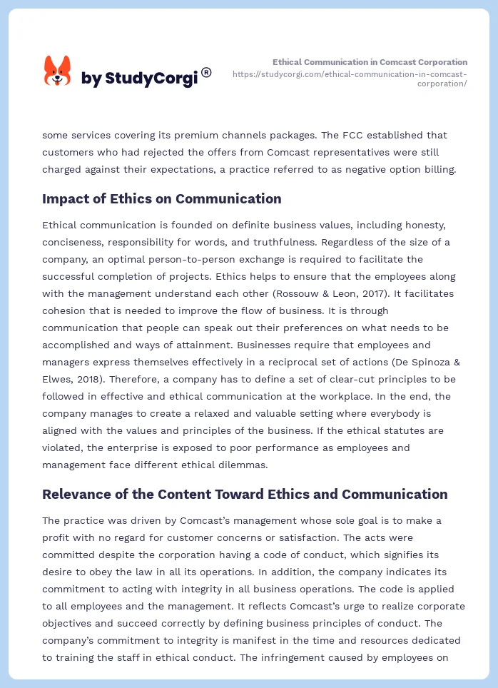 Ethical Communication in Comcast Corporation. Page 2