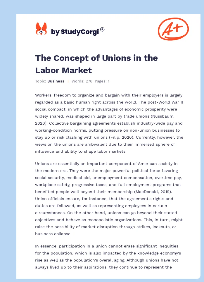 The Concept of Unions in the Labor Market. Page 1