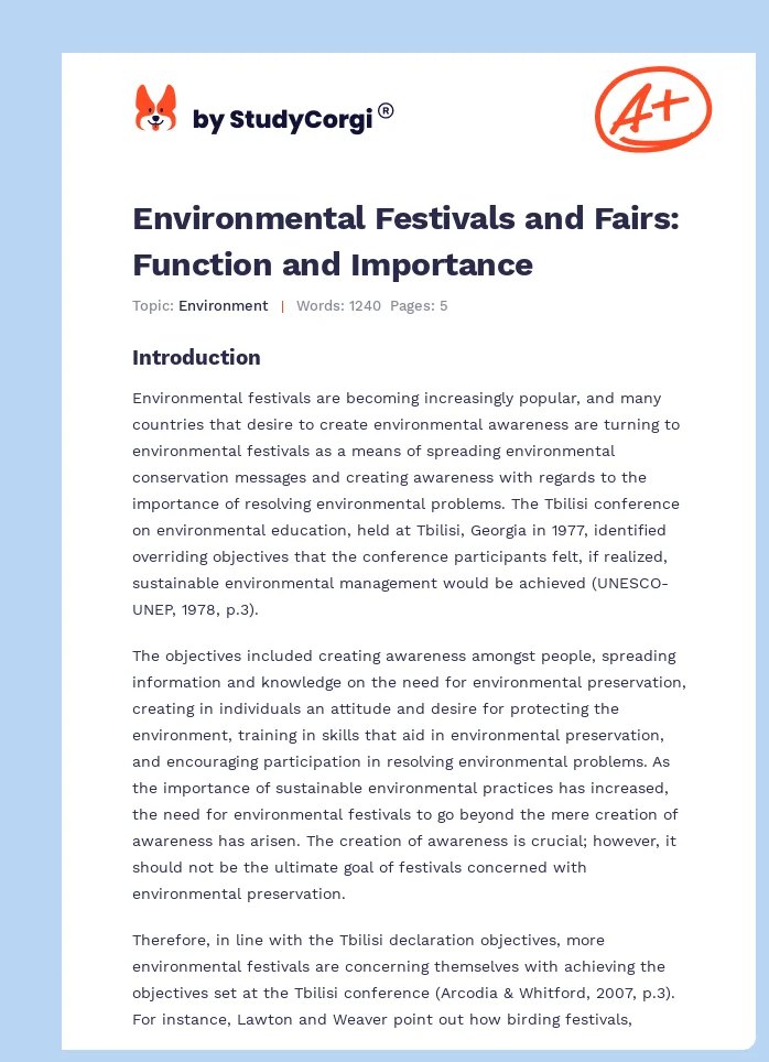 Environmental Festivals and Fairs: Function and Importance. Page 1