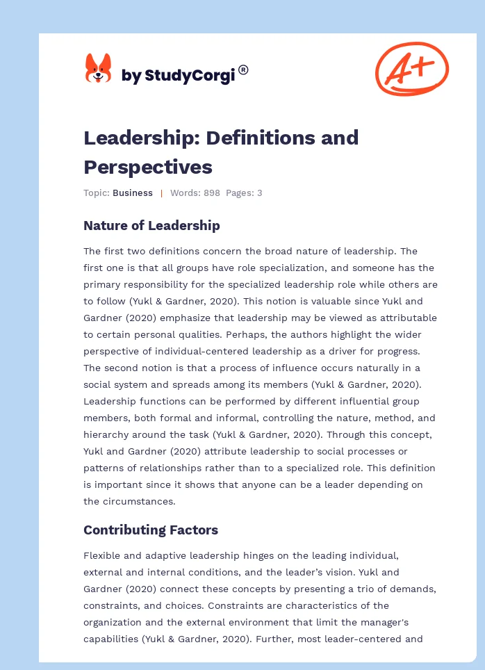 Leadership: Definitions and Perspectives. Page 1