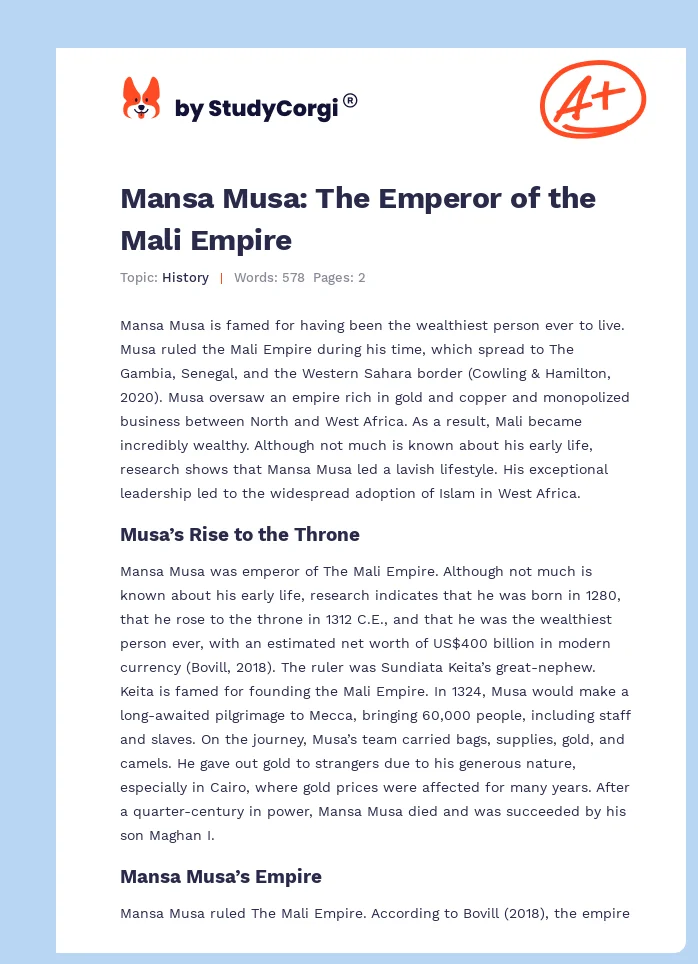 Mansa Musa: The Emperor of the Mali Empire. Page 1