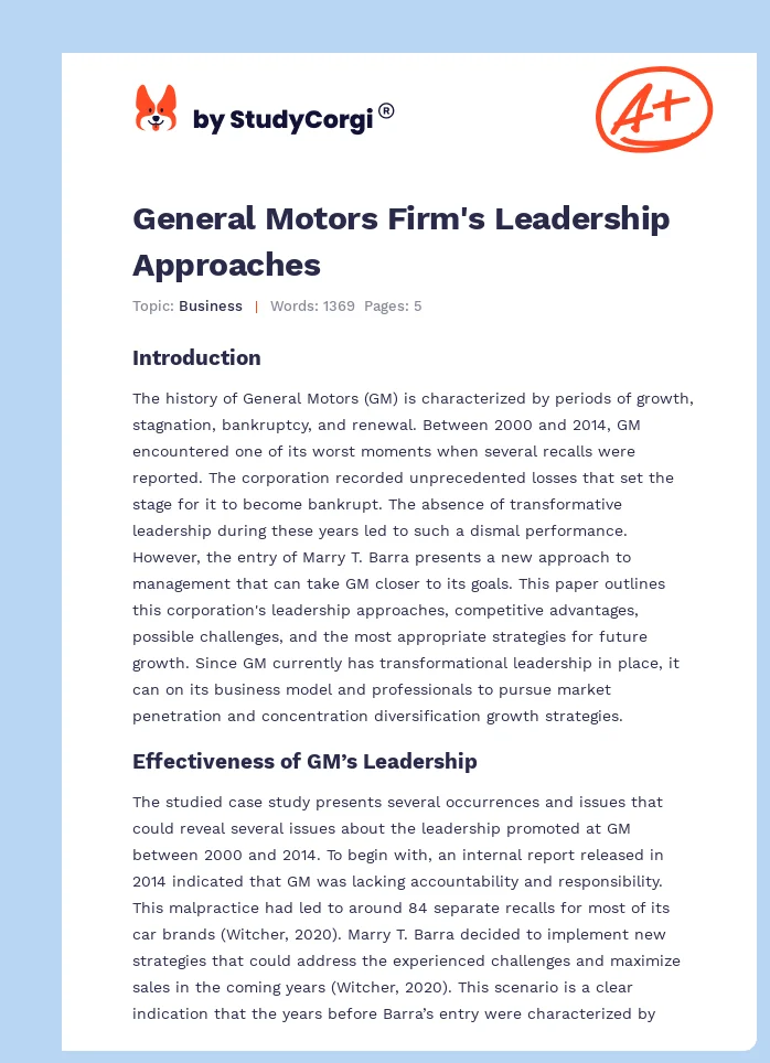 General Motors Firm's Leadership Approaches. Page 1