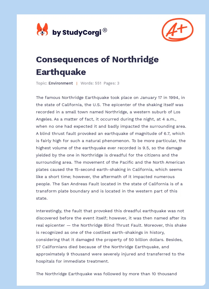 Consequences of Northridge Earthquake. Page 1