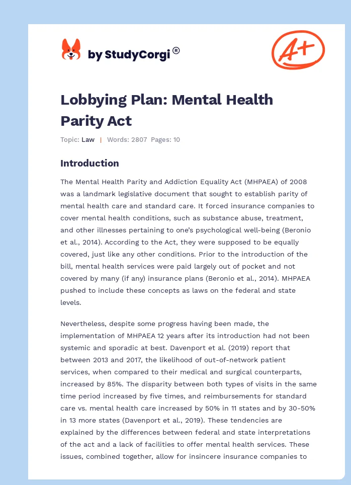 Lobbying Plan: Mental Health Parity Act. Page 1