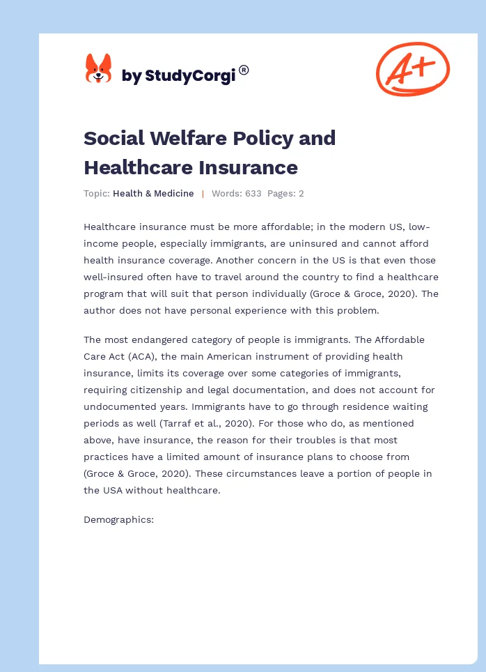 Social Welfare Policy and Healthcare Insurance. Page 1