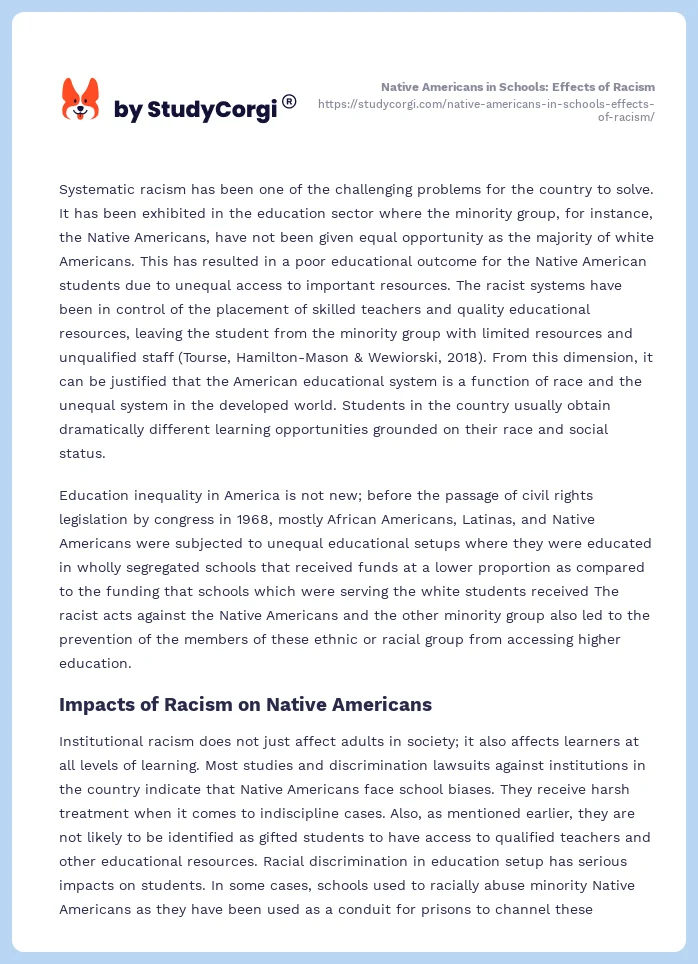 Native Americans in Schools: Effects of Racism. Page 2