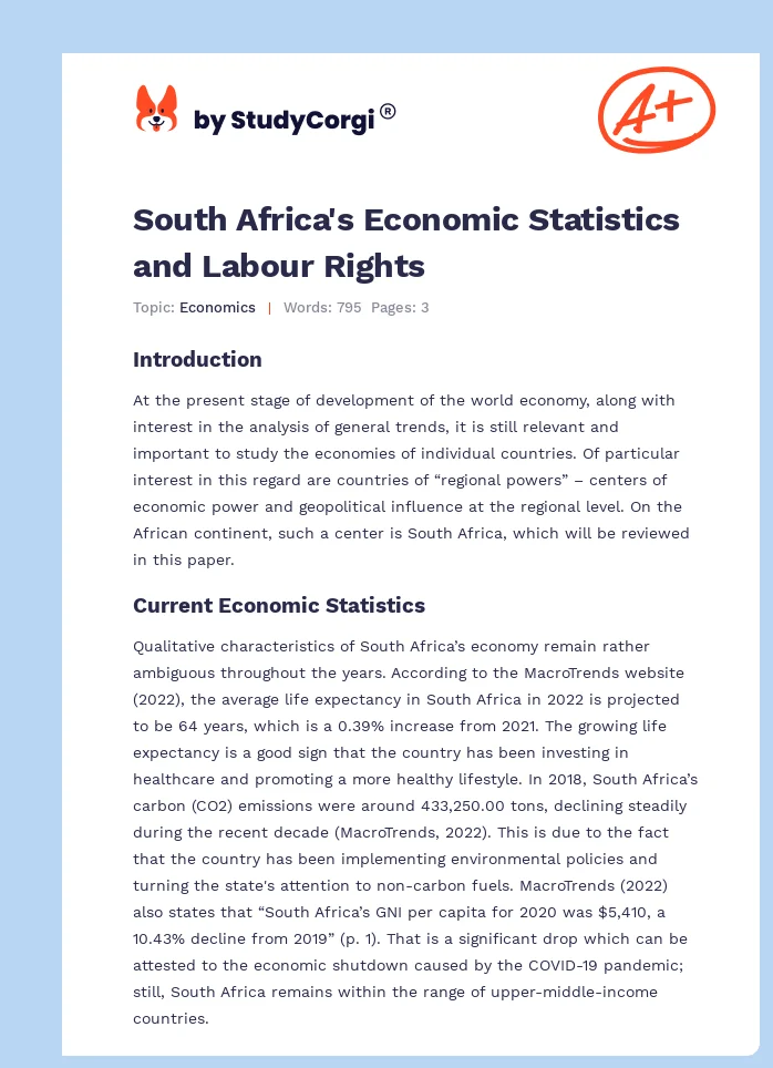 South Africa's Economic Statistics and Labour Rights. Page 1