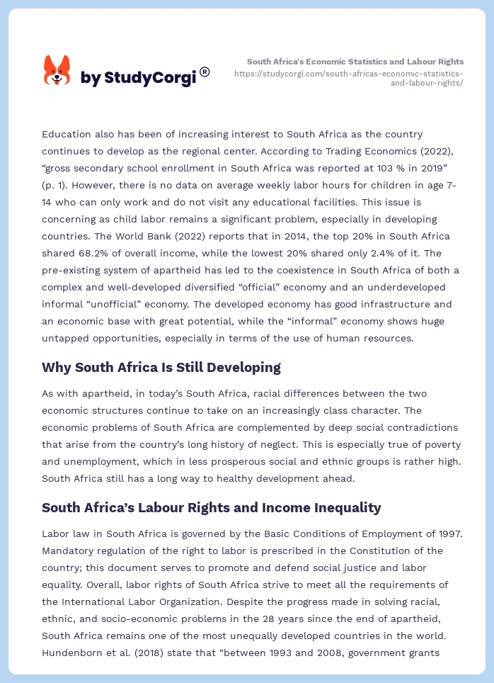 South Africa's Economic Statistics and Labour Rights. Page 2