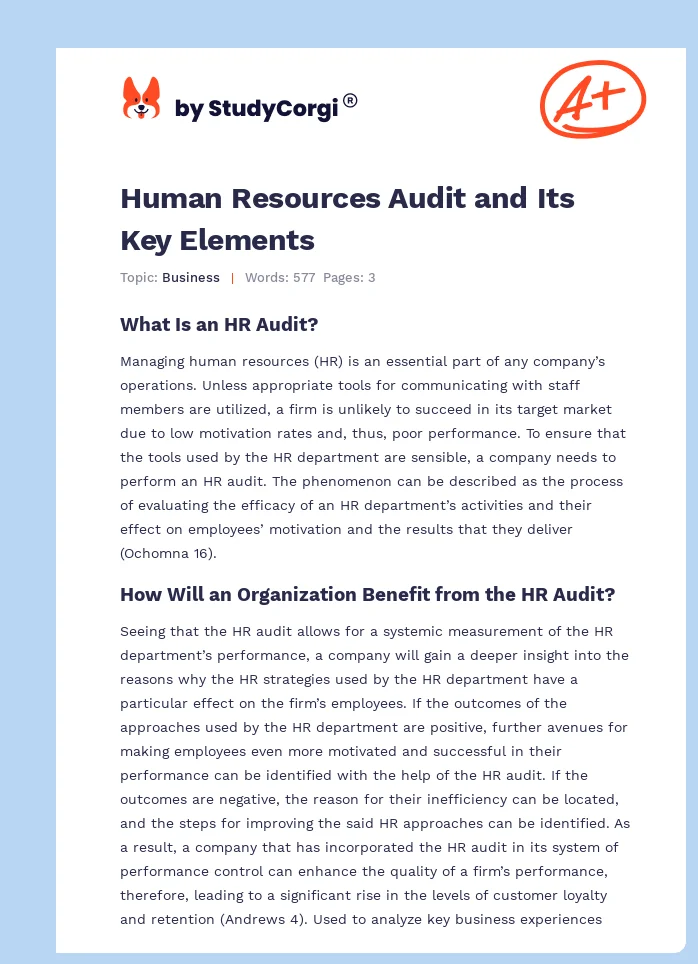 Human Resources Audit and Its Key Elements. Page 1