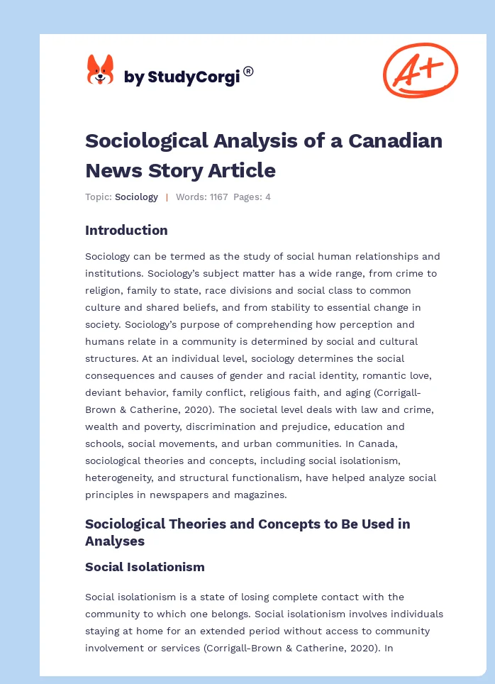 Sociological Analysis of a Canadian News Story Article. Page 1