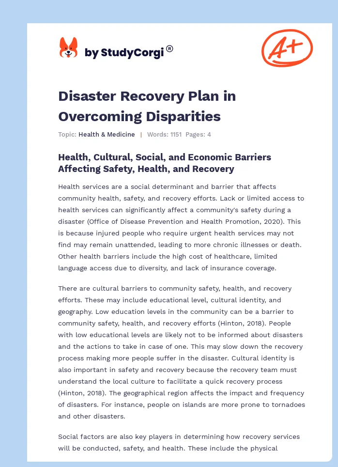 Disaster Recovery Plan in Overcoming Disparities. Page 1