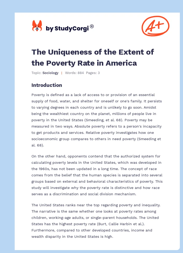 The Uniqueness of the Extent of the Poverty Rate in America. Page 1