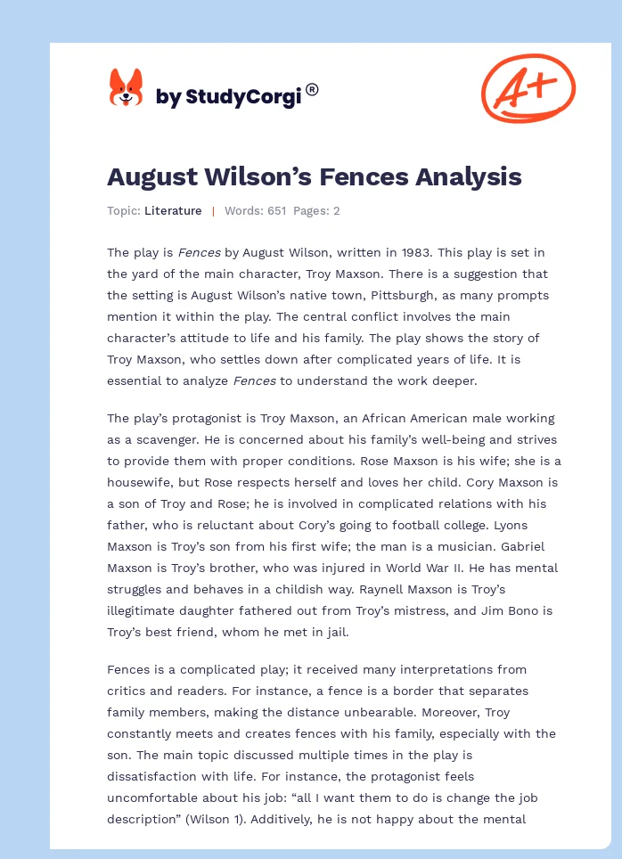 August Wilson’s Fences Analysis. Page 1