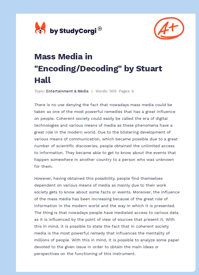 Mass Media in "Encoding/Decoding" by Stuart Hall. Page 1