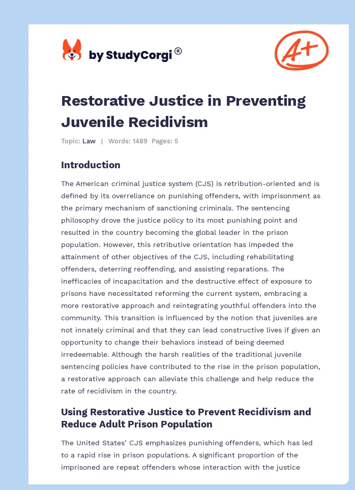 Restorative Justice in Preventing Juvenile Recidivism. Page 1