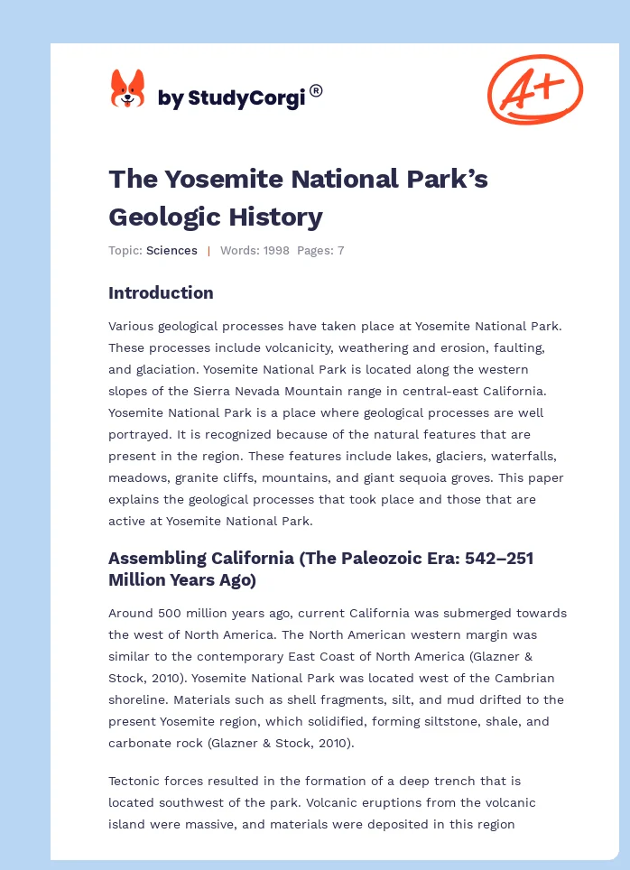 The Yosemite National Park’s Geologic History. Page 1