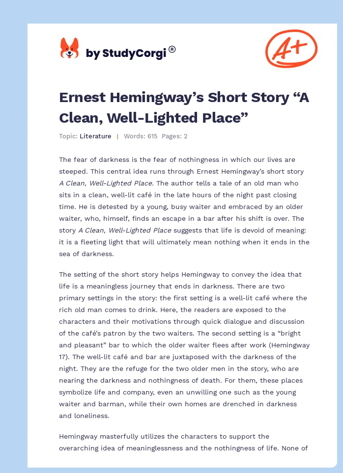 Ernest Hemingway’s Short Story “A Clean, Well-Lighted Place”. Page 1