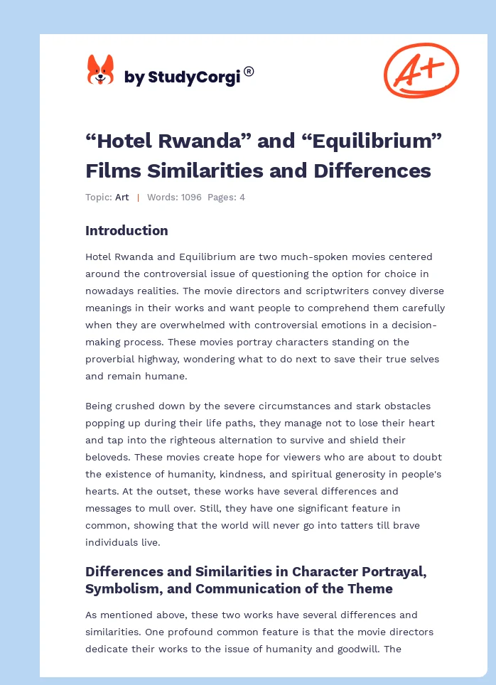 “Hotel Rwanda” and “Equilibrium” Films Similarities and Differences. Page 1