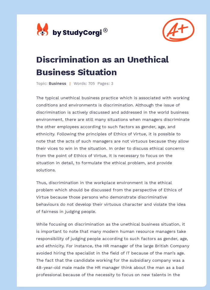 Discrimination as an Unethical Business Situation. Page 1