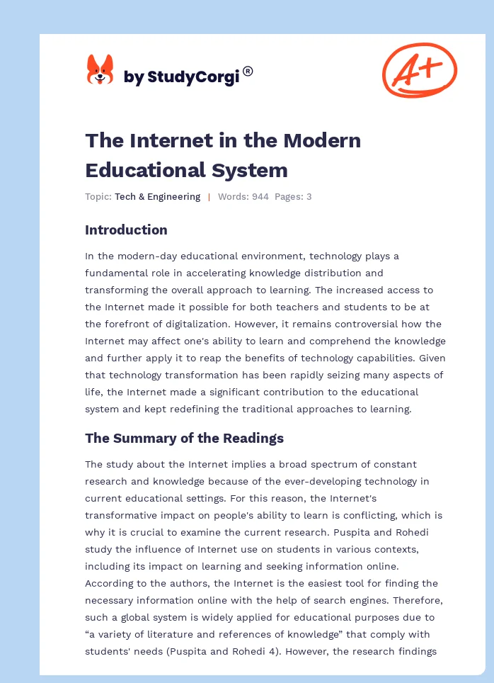 The Internet in the Modern Educational System. Page 1